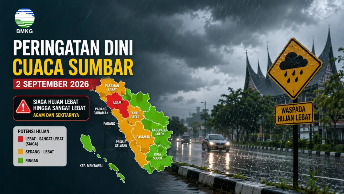 Peringatan Dini Cuaca Sumbar 2 September 2026: Agam Berstatus Siaga Hujan Lebat hingga Sangat Lebat. (Ilustrasi AI)