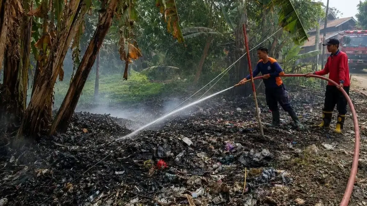 Petugas pemadam kebakaran (Damkar) Dharmasraya memadamkan api yang membakar rumpun batang pisang di wilayah Dharmasraya.