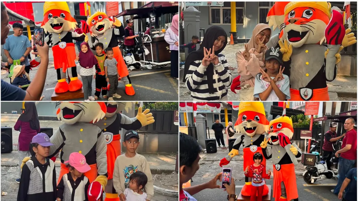 Si Rimau, maskot Porprov XVI Sumbar 2026, diperkenalkan kepada warga saat kegiatan di kawasan CFD Padang, Minggu (6/9/2026).