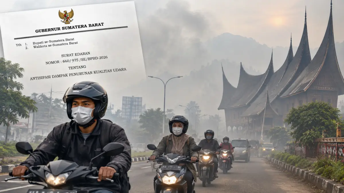 Kabut asap menyelimuti jalan raya di Sumatera Barat, dengan sejumlah pengendara motor mengenakan masker. (Ilustrasi AI)