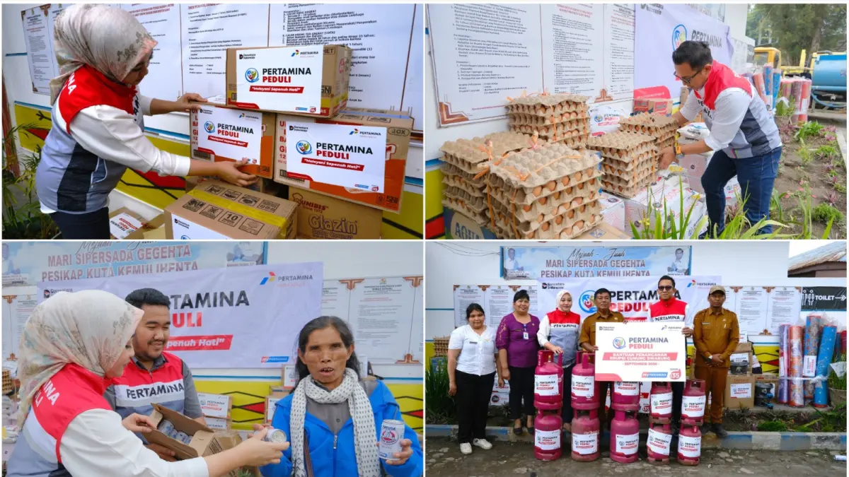 Pertamina Patra Niaga Regional Sumbagut menyalurkan bantuan berupa paket sembako, Bright Gas, kebutuhan ibu dan anak, serta extra fooding bagi masyarakat terdampak dan Tim Satgas pascaerupsi Gunung Sinabung di Kantor Dinas Sosial Kabupaten Karo, Senin (7/9/2026).