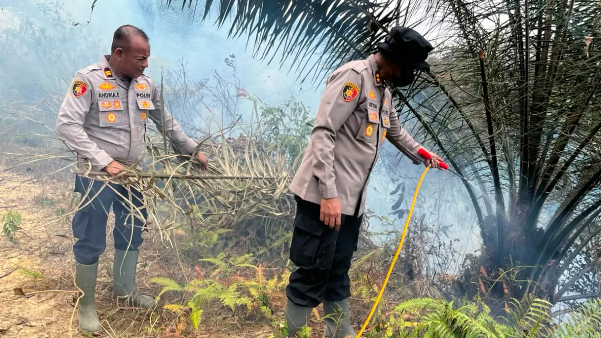 Kapolres Dharmasraya AKBP Kartyana Widyarso Wardoyo Putro memimpin langsung pemadaman kebakaran hutan dan lahan (karhutla) di Kecamatan Timpeh, Dharmasraya.