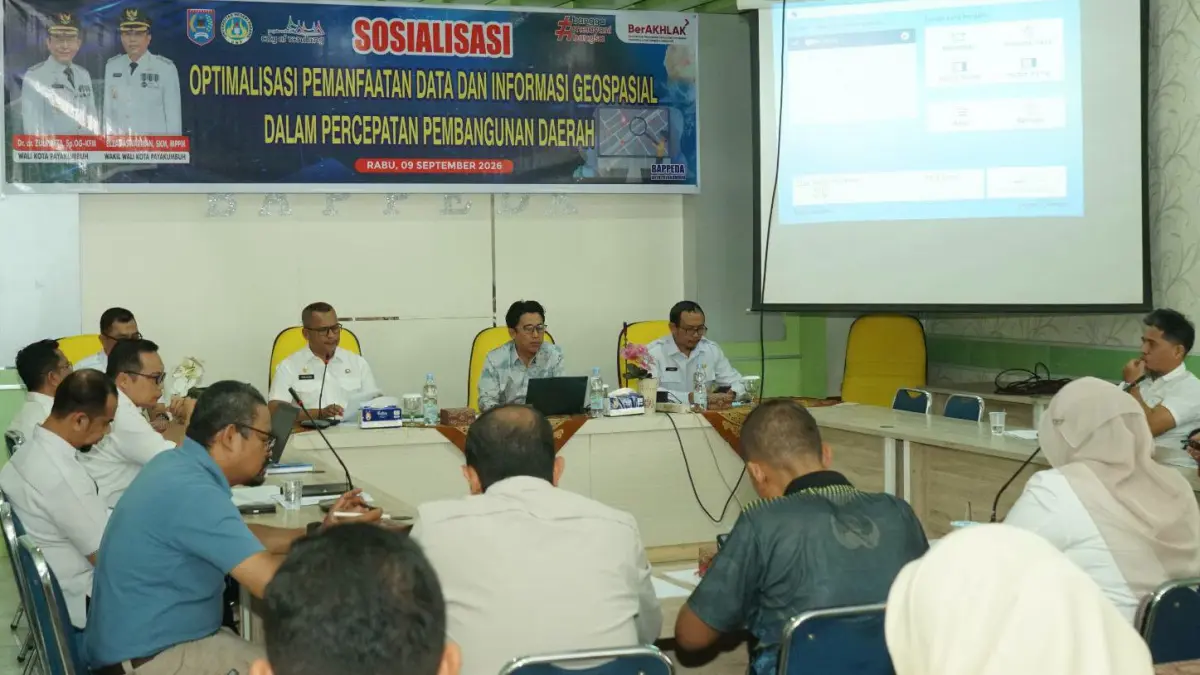 Sosialisasi Optimalisasi Pemanfaatan Data dan Informasi Geospasial dalam Percepatan Pembangunan Daerah digelar di Aula Kantor Bappeda Kota Payakumbuh, Rabu (9/9/2026).