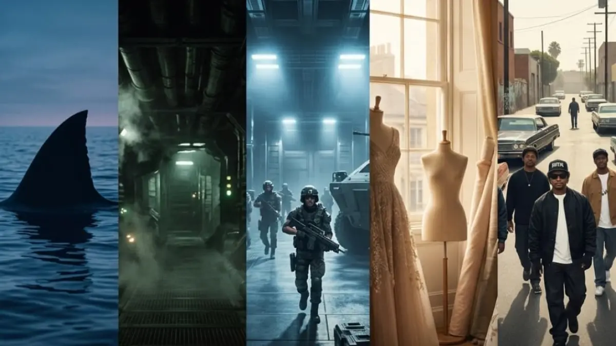 Jaws, Alien, Aliens, Phantom Thread, dan Straight Outta Compton termasuk lima film lama dengan skor kritikus Rotten Tomatoes tinggi yang masuk dalam daftar film Netflix September 2026. (Foto: AI Generated)