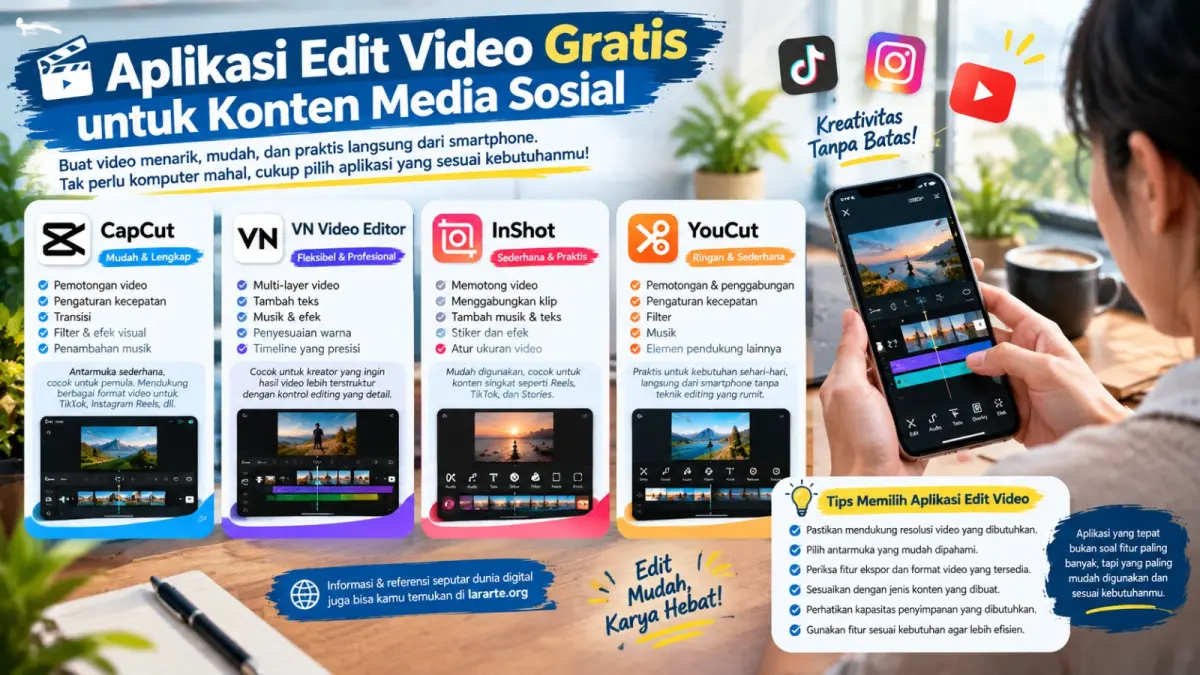 Aplikasi edit video gratis seperti CapCut, VN Video Editor, InShot, dan YouCut membantu kreator membuat konten media sosial praktis melalui smartphone.