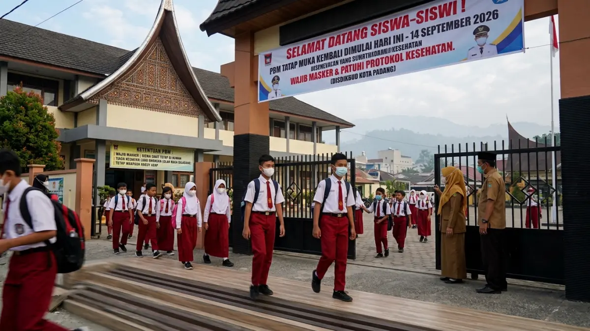 Ilustrasi siswa memakai masker karena kondisi udara buruk. (GEMINI AI)