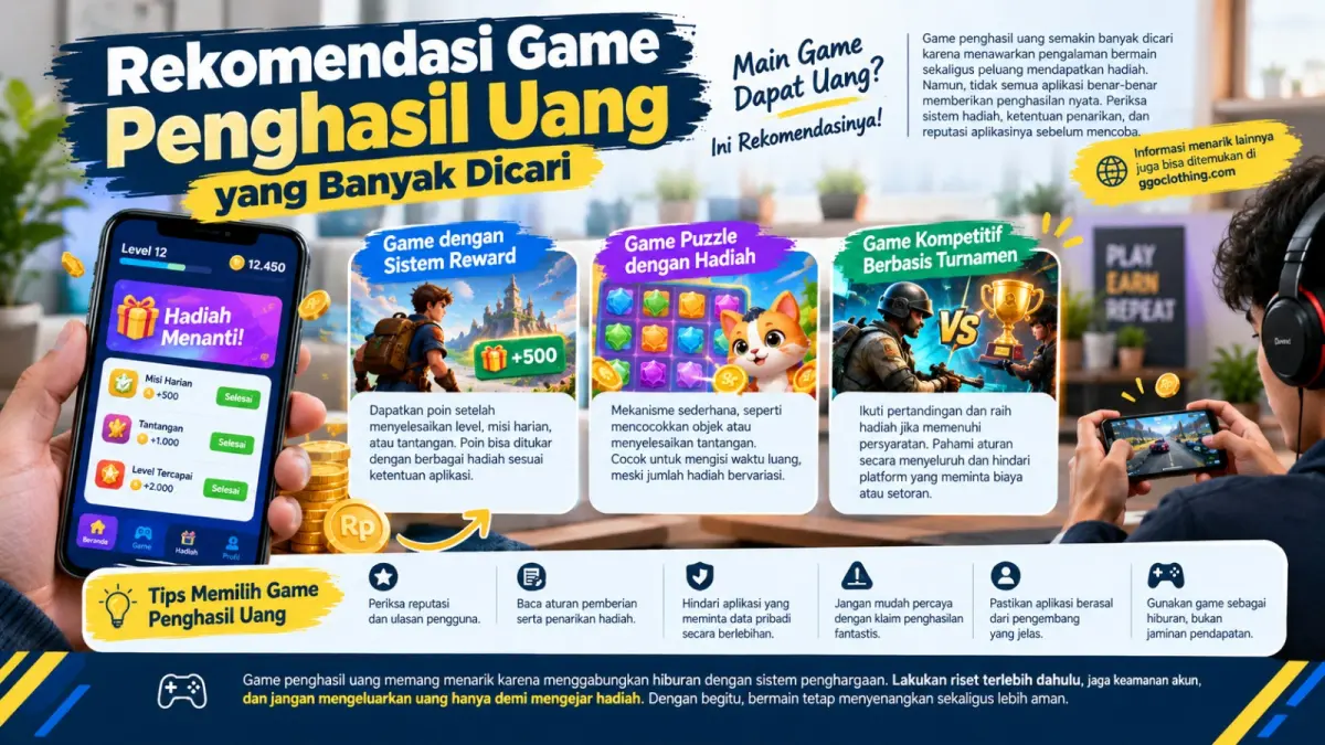 Rekomendasi game penghasil uang, sistem reward, game puzzle, dan turnamen, lengkap dengan tips memilih aplikasi aman serta menghindari penipuan.