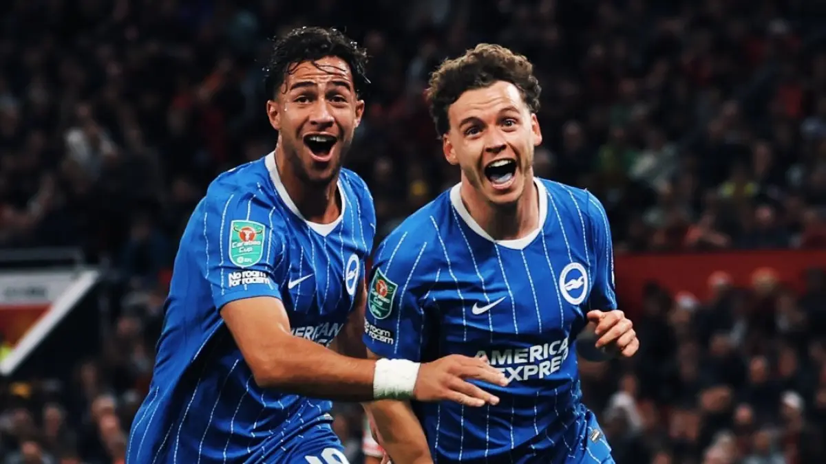 Maxim De Cuyper mencetak gol kemenangan Brighton saat menghadapi Manchester United pada putaran ketiga Carabao Cup 2026/2027 di Old Trafford, 16 September 2026. (Foto: Instagram @officialbhafc)