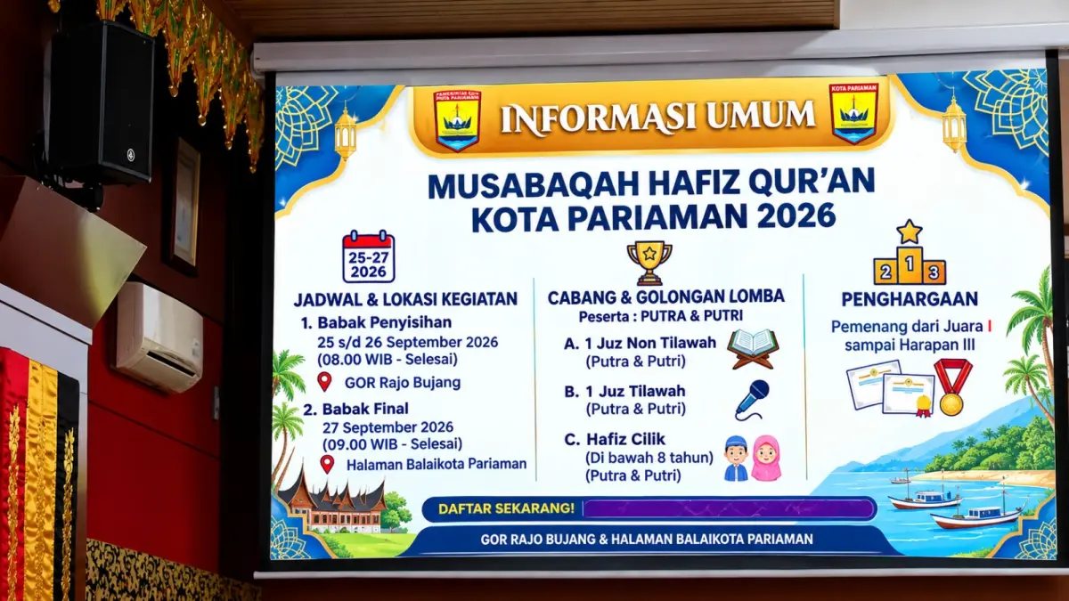 Pemko Pariaman mematangkan Lomba Hafidz MDTA dan Hafidz Cilik 2026 yang digelar 25–27 September, dengan pendaftaran peserta hingga 21 September.
