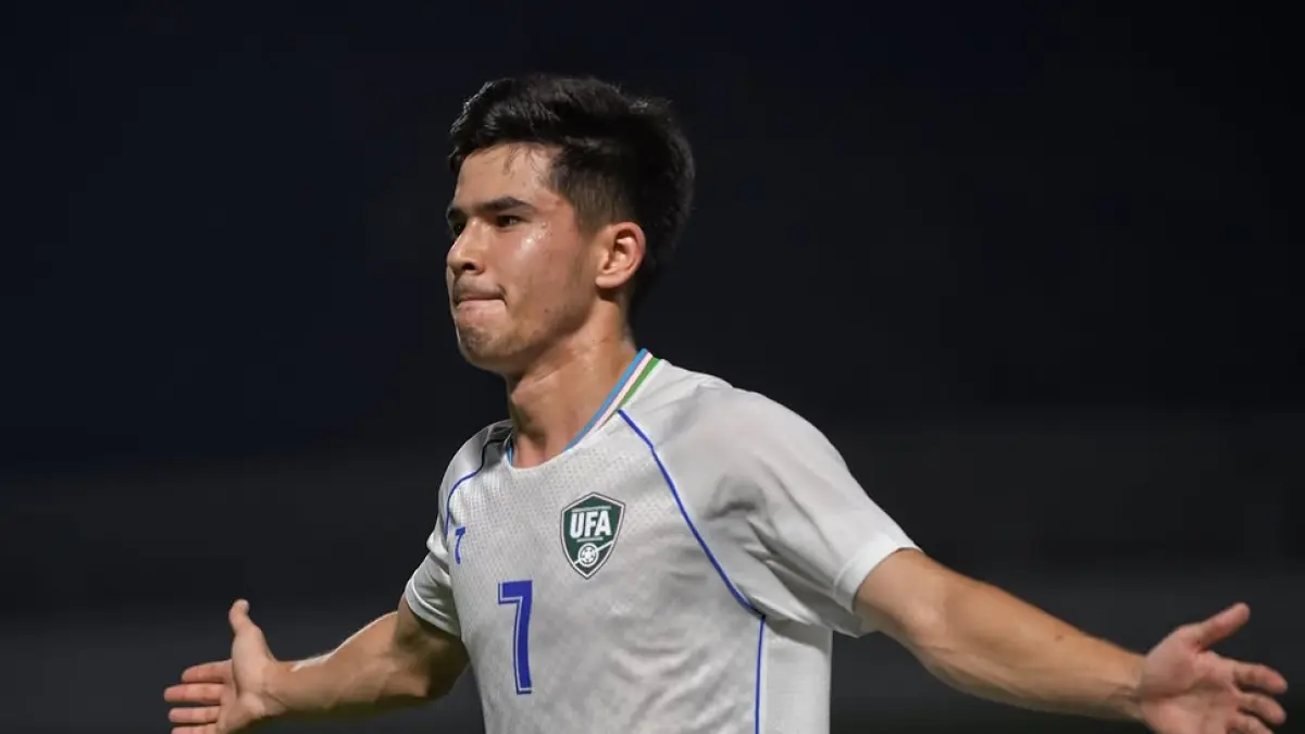 Sardor Bahromov mencetak dua gol saat Uzbekistan menang 2-0 atas Kuwait pada Asian Games 2026. (Foto: Instagram @uzbekistanfa)