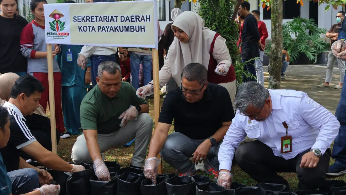 Sekda Payakumbuh Rida Ananda memimpin penanaman bawang merah dan cabai oleh ASN melalui program “Petani Berdasi” di Balai Kota Payakumbuh, Jumat (18/9/2026).