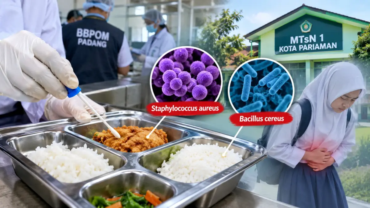 Hasil uji BBPOM Padang menemukan bakteri Staphylococcus aureus dan Bacillus cereus pada sampel MBG yang dikonsumsi siswa MTsN 1 Pariaman. (Ilustrasi AI)