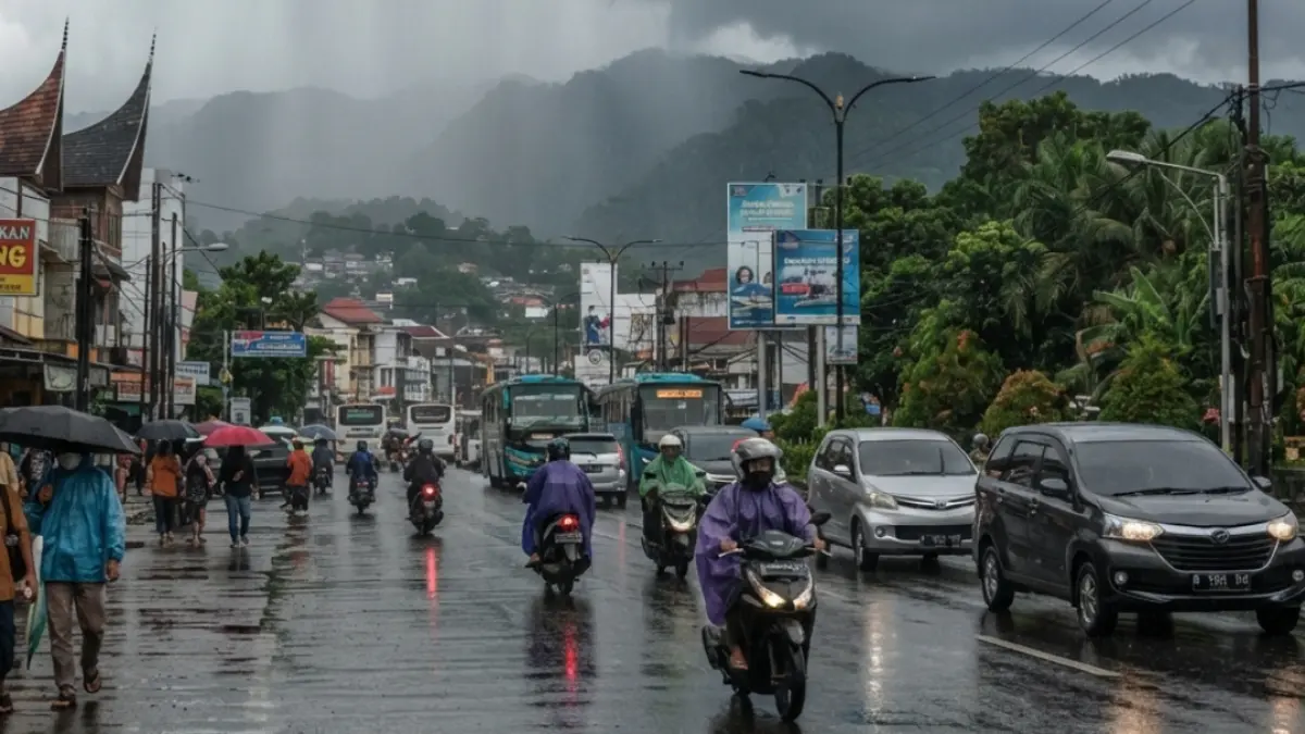 BMKG mengingatkan potensi hujan sedang hingga lebat di sejumlah wilayah pada 24–26 September 2026. (Foto ilustrasi: AI)