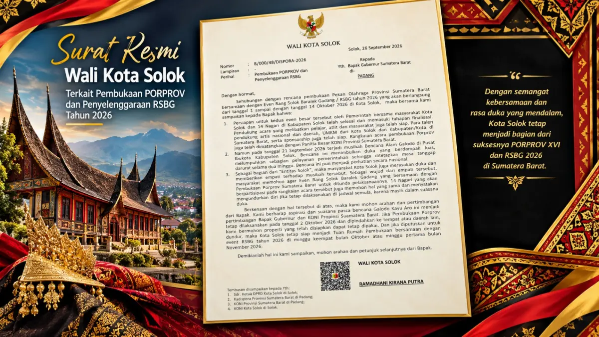 Surat Wali Kota Solok kepada Gubernur Sumbar terkait pelaksanaan pembukaan Porprov 2026 di Kota Solok.