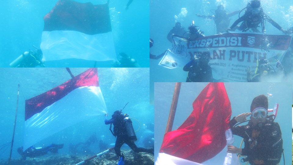 Upacara pengibaran bendera merah putih di bawah laut dilakukan KMPP di Pulau Bando, Sabtu (15/08/2020). (Diskominfo Pariaman)