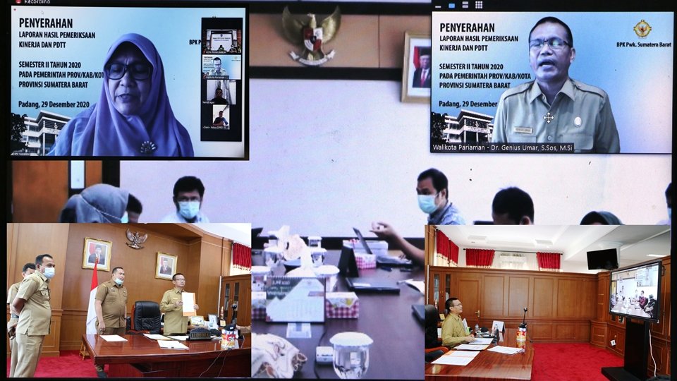 Penyerahan LHP dari BPK Perwakilan Sumbar kepada Pemko Pariaman secara virtual. (Diskominfo Pariaman)