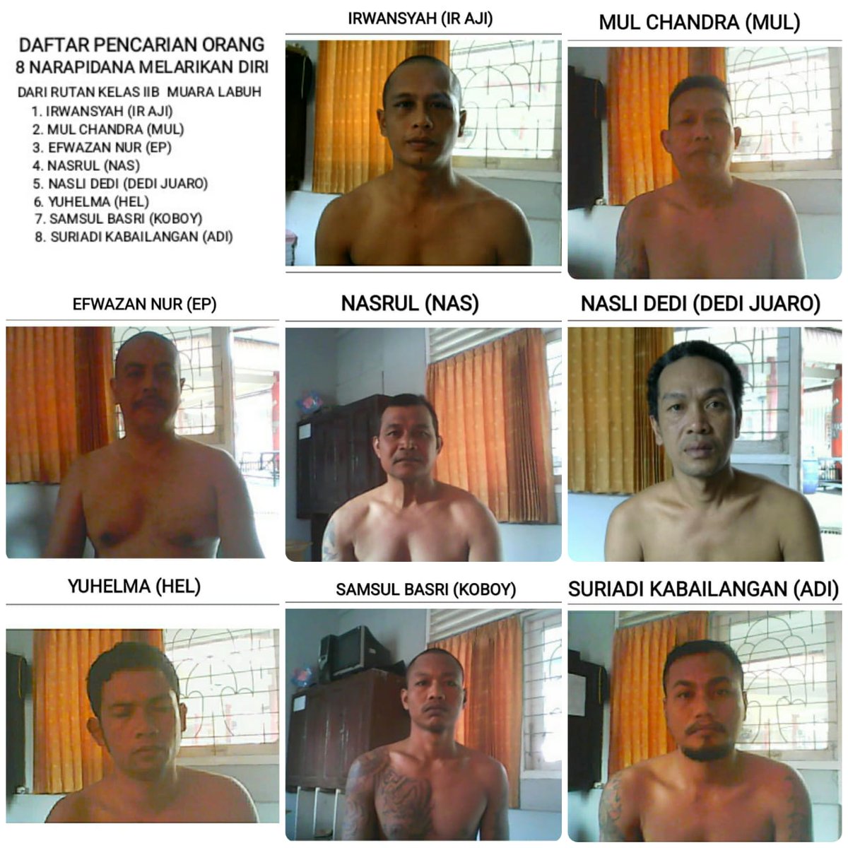 Ini dia 8 napi yang kabur dari Rutan Kelas IIB Muaralabuh. (net)