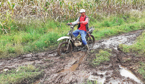 SULIT DILEWATI: Kondisi jalan di daerah penghasil jagung dan padi di Sungai Salak, Nagari Lubuk Gadang Utara, Sangir butuh perhatian.(ARDI/PADEK)