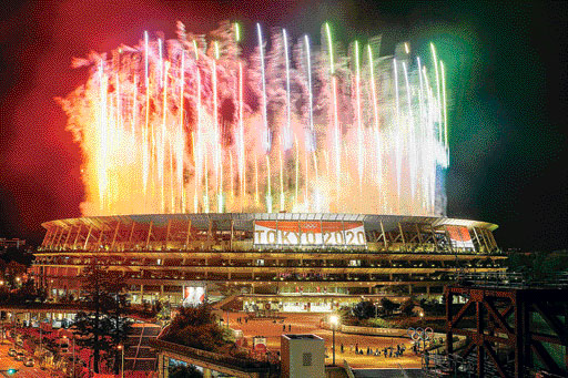 Fireworks illuminate over National Stadium during the closing ceremony of the 2020 Tokyo Olympics, Sunday, Aug. 8, 2021, in Tokyo. (AP Photo/Kiichiro Sato)