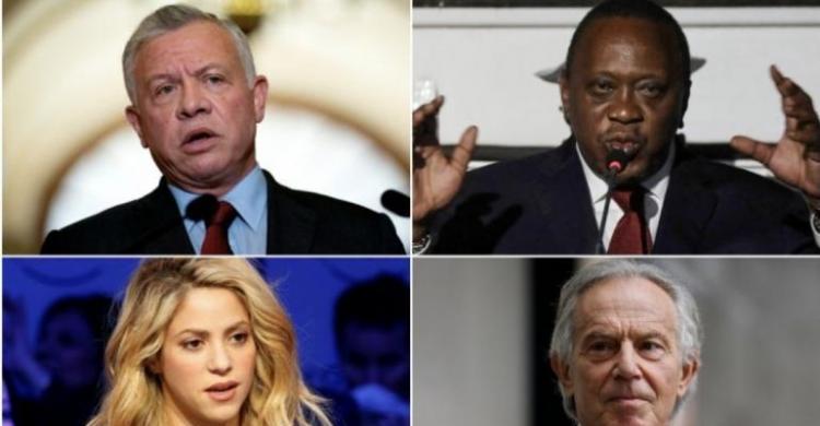 DOKUMEM BOCOR: Dari kiri atas searah jarum jam: Raja Yordania Abdullah II, Presiden Kenya Uhuru Kenyatta, mantan PM Inggris Tony Blair, dan penyanyi Kolombia Shakira. Nama mereka disebut dalam Pandora Papers.(NYTIMES, AFP, REUTERS)