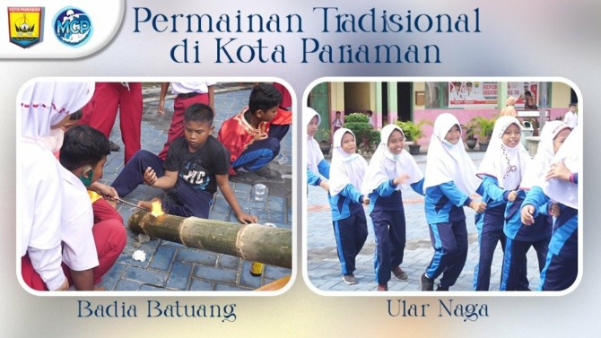 Murid SDN 04 Desa Batang Tajongkek Kecamatan Pariaman Selatan asik dan gembira memainkan permainan tradisional.