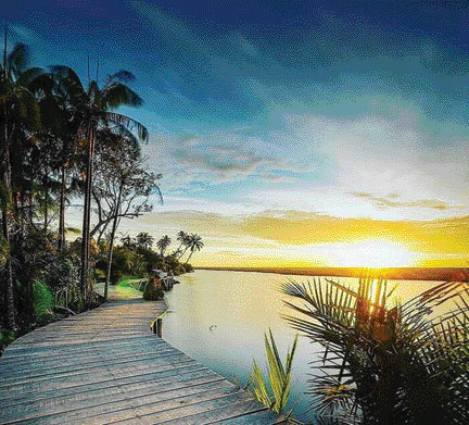 MENJELANG SENJA: Wisatawan bisa menikmati indahnya sunset di Green Talao Park sembari berjalan di trak yang dihiasi hutan nipah dan manggrove.(IST)