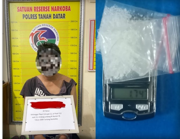 TIDAK BERKUTIK: Salah satu pelaku peredaran narkoba diamankan di Mapolres Tanahdatar beserta barang bukti sabu, Jumat (5/5).(IST)