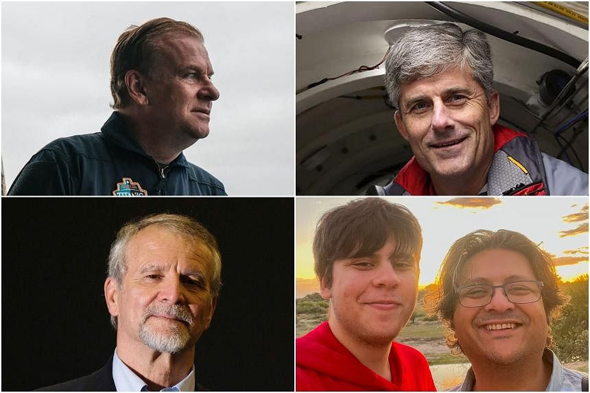 Lima orang di dalamnya adalah (searah jarum jam dari kiri atas) Miliarder Inggris Hamish Harding, Kepala Eksekutif OceanGate Stockton Rush, Taipan Pakistan Shahzada Dawood dan putranya Suleman, dan pakar Titanic Perancis Paul-Henri Nargeolet. (Foto: AFP)