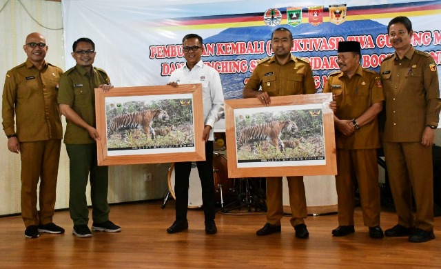BKSDA Sumbar menyerahkan foto seekor induk harimau bersama anaknya yang sedang melintas di kawasan Sitinjau Lauik kepada Wagub Audy, dan Indrieffouny.