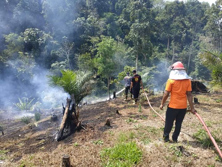 CEGAH ASAP: Petugas BPBD Sijunjung bersama Tim Damkar berupaya menangani kasus kebakaran lahan (kebun kelapa sawit) di Banda Dato, Jorong Koran, Nagari Pematangpanjang, Kecamatan Sijunjung, beberapa waktu lalu.(DOK. BPBD SIJUNJUNG)