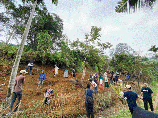PENGABDIAN: Puluhan mahasiswa BEM KM Faterna Unand membersihkan lahan untuk pembuatan taman edukasi dan melakukan budidaya toga di RT 4 Batubusuak, Kelurahan Lambungbukit, Kecamatan Pauh, baru-baru ini.(BEM KM FATERNA UNAND FOR PADEK)