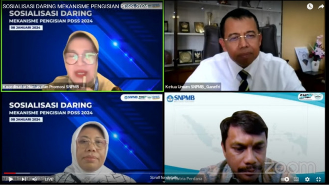 Panitia SNPMB Sosialisasi Daring Mekanisme Pengisian PDSS 2024 melalui ZooM Meeting yang disiarkan langsung melalui Instagram @snpmbbppp dan Channel Youtube SNPMB BPPP, Senin (8-1-2024) siang. (Foto: Humas UNP)
