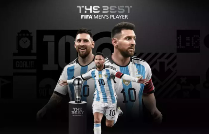PADEK.JAWAPOS.COM-Superstar Argentina Lionel Messi kembali mengukir sejarah dengan mempertahankan gelar Pemain Pria Terbaik FIFA tahun 2023. (Foto: FIFA)