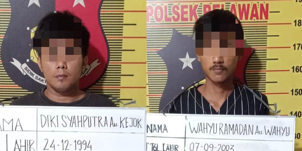 DIAMANKAN: Kedua tersangka  Wahyudi (20) dan Diki (28) diamankan di Polsek Belawan.