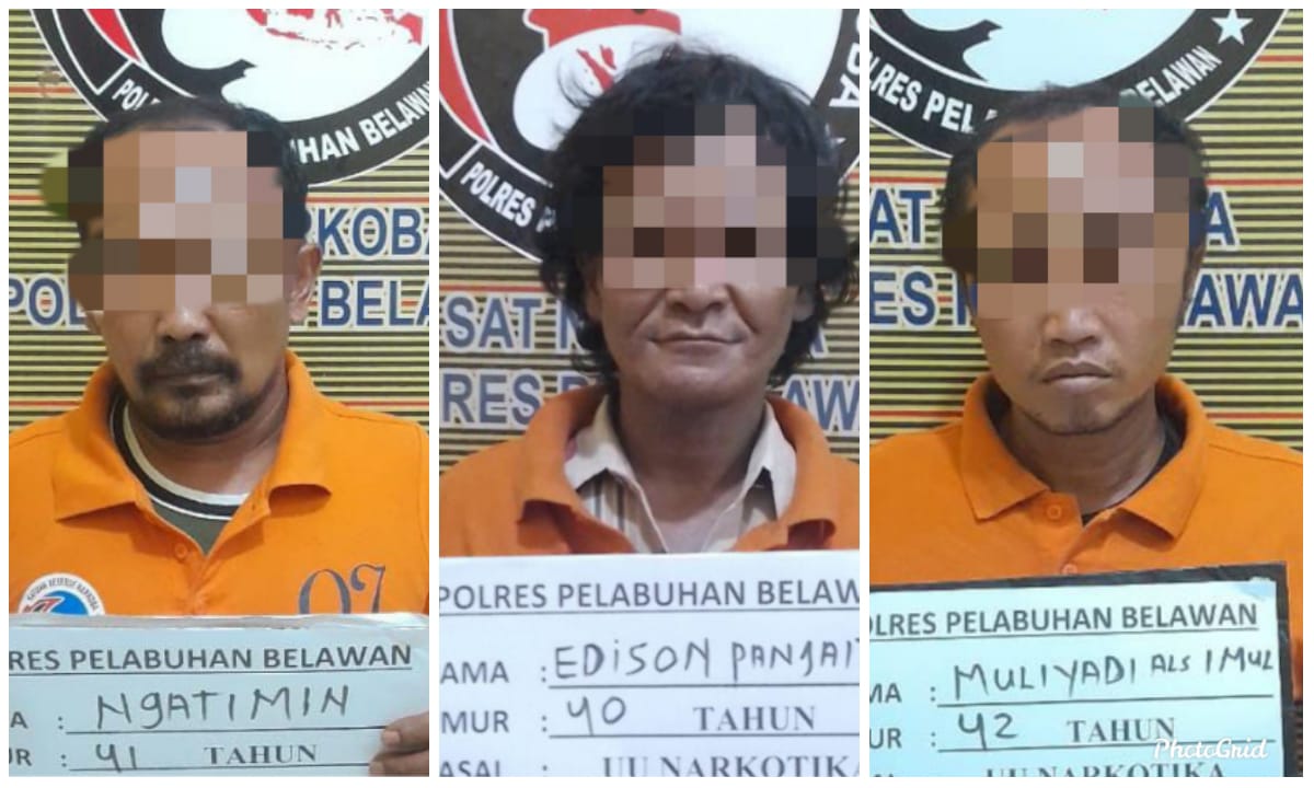 Tiga terduga pengedar Narkoba yang diamankan Sat Narkoba Polres Pelabuhan Belawan dalam operasi Grebek Kampung Narkoba di Komplek UKA Kelurahan Terjun, Jumat (8/3/24). (IKHSAN/SUMUT POS)