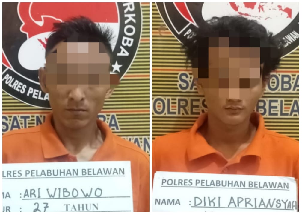 DIAMANKAN: Kedua tersangka dan barang bukti saat diamankan di Polres Pelabuhan  Belawan.