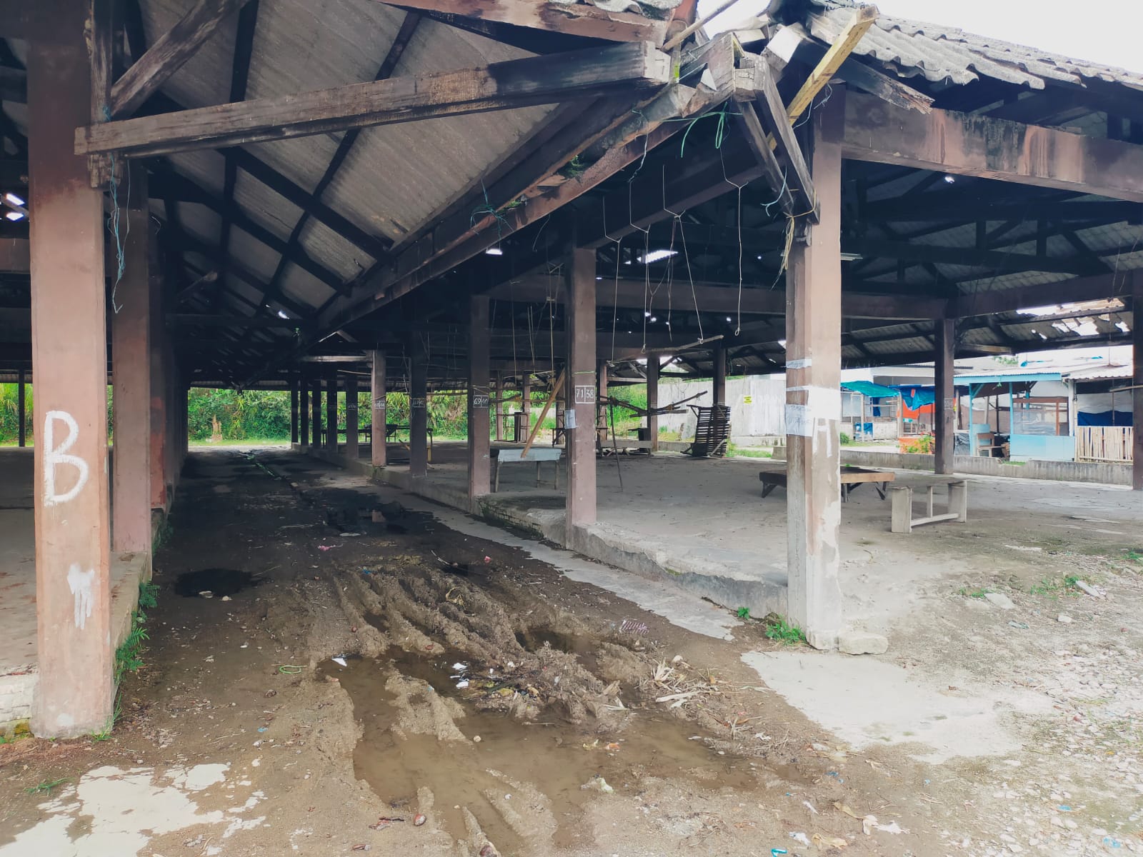 BECEK. Lokasi balairung pasar komoditi Sitinjo becek saat musim hujan karena atap rusak dan parit minim.(RUDY SITANGGANG).