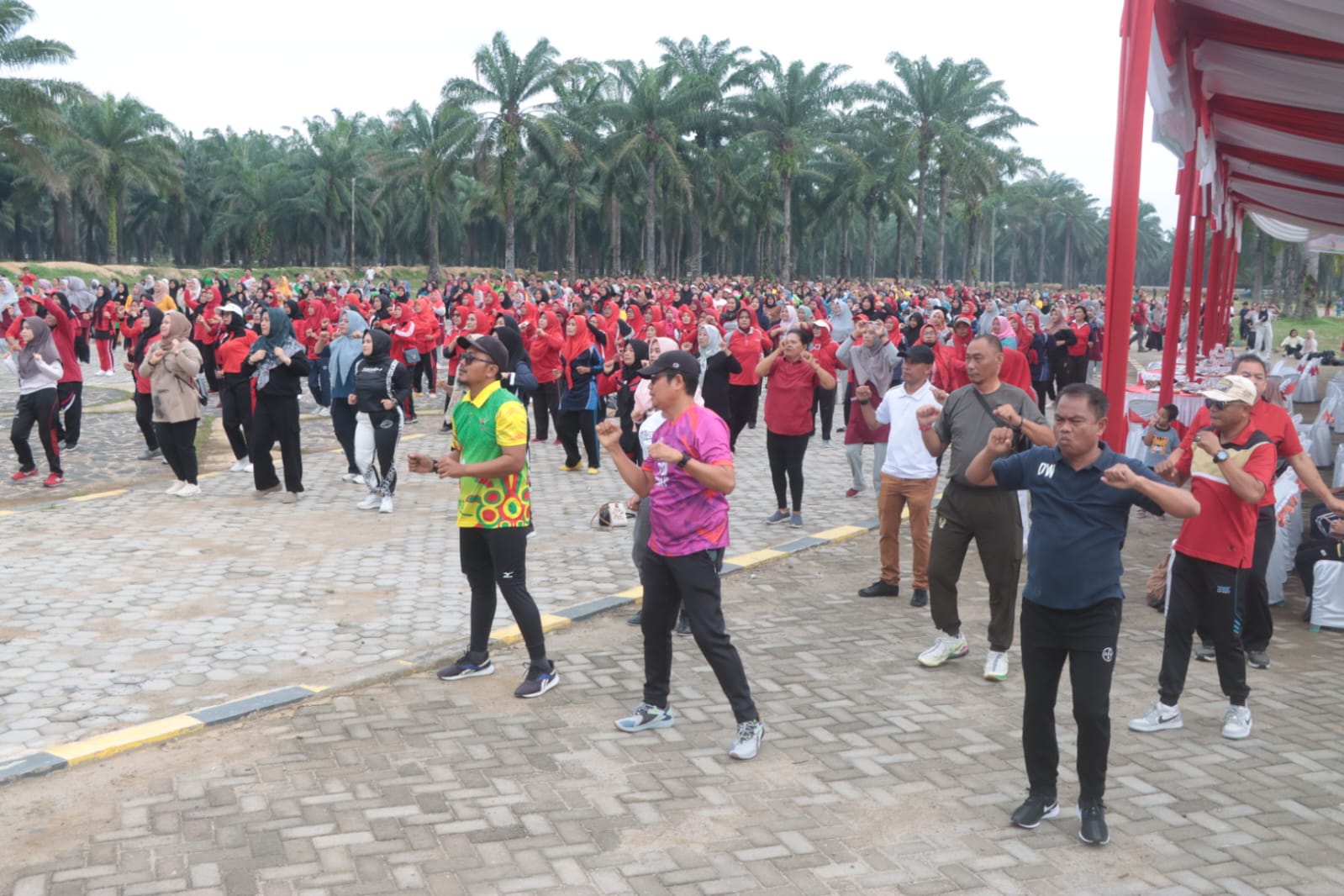 SENAM: Ratusan peserta saat mengikuti senam Sergai Maju Terus dihadiri diantaranya Bupati Sergai Darma Wijaya, Ketua TP PKK Sergai Hj Rosmaida Darma Wijaya, Ketua KONI Sergai Usman Effendi Sitorus.