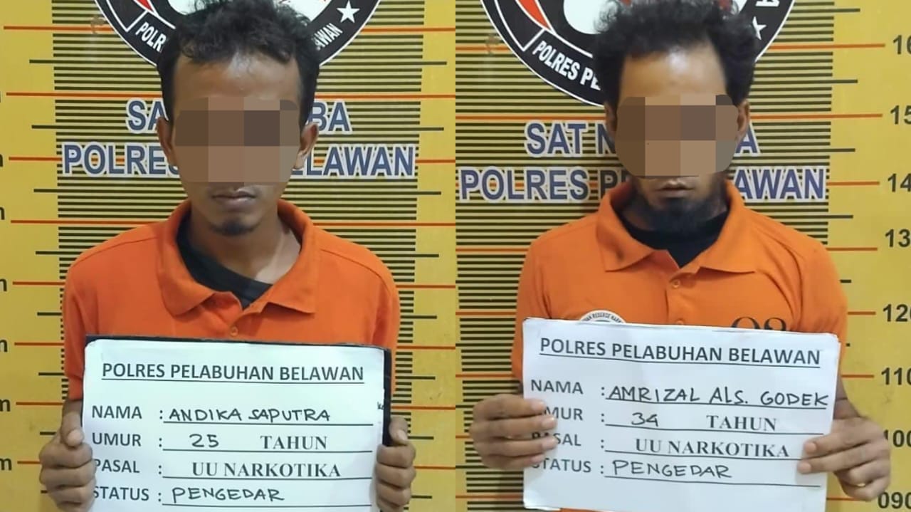 Dua tersangka pengedar narkoba yang diamankan Satuan Narkoba Polres Pelabuhan Belawan di Jalan KL Yos Sudarso Km 11,5 Gang Mushollah Lingkungan VI Kelurahan Titi Papan, Medan Deli, Selasa (2/7/2024).
