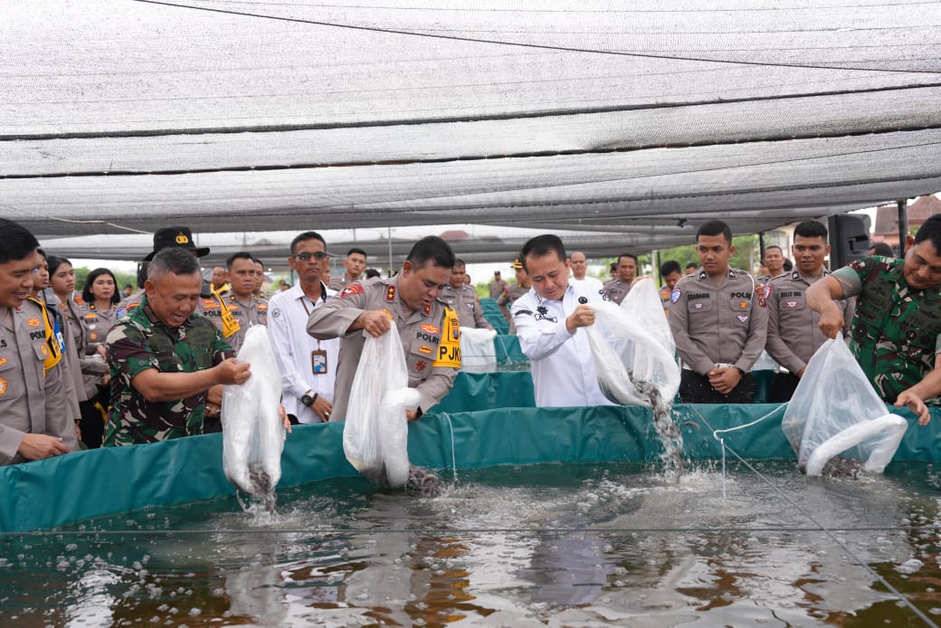 BUDIDAYA: Kapolda Sumut Irjen Pol Whisnu Hermawan bersama pejabat lainnya saat menunjukkan budidaya lele, di halaman belakang Mapolda Sumut, Rabu (20/11). Sumut Pos/Dokumen&nbsp;Pribadi