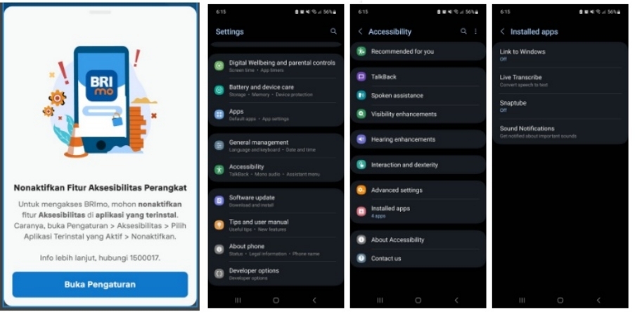 Cara nonaktifkan aksesibilitas BRImo di Samsung.