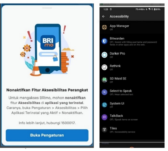 Cara nonaktifkan aksesibilitas BRImo di Asus.
