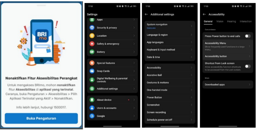 Cara nonaktifkan aksesibilitas BRImo di Oppo.