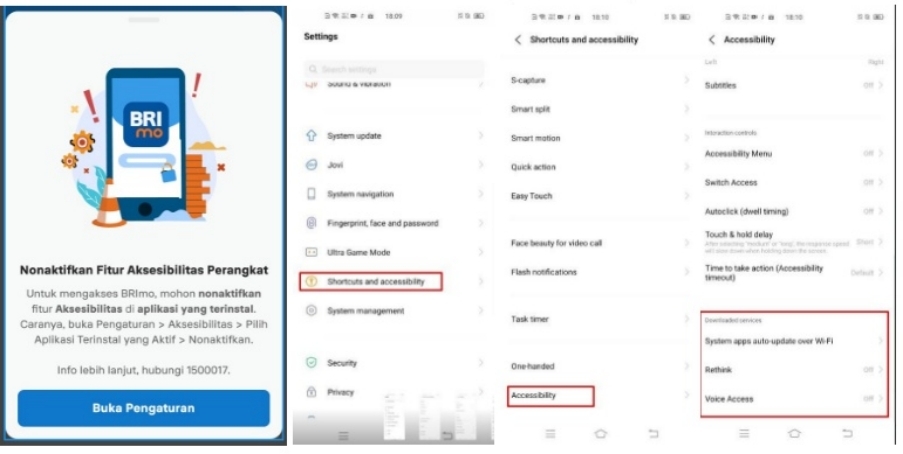 Cara nonaktifkan aksesibilitas BRImo di Vivo.