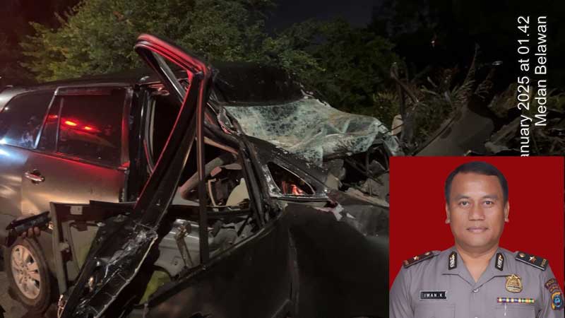 RINGSEK: Kompol Iwan Kurnianto (semasa hidup) dan mobil yang ditumpangi setelah menabrak&nbsp;drum&nbsp;truk.