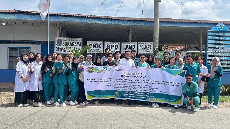 Tim pengabdian Departemen Ilmu Bedah Mulut dan Maksilofasial FKG USU di Desa Suka Raya, Deli Serdang, Minggu (29/9/2024).&nbsp;(ist)