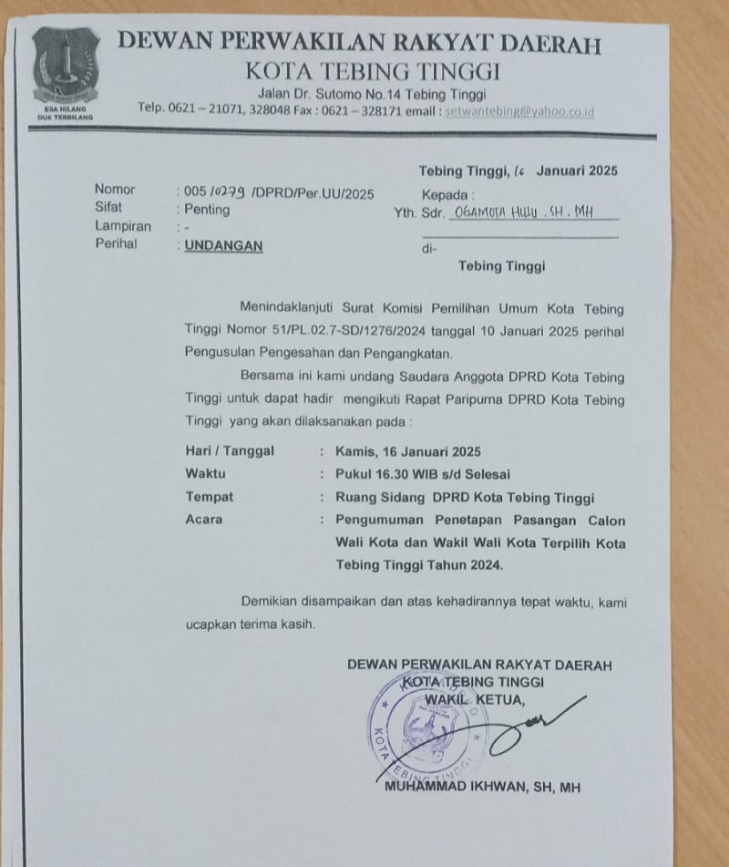 SURAT: Surat undangan rapat Paripurna DPRD Kota Tebingtinggi tentang penetapan Wali Kota dan Wakil Wali Kota Tebingtinggi periode 2025-2030 yang ditandai tangani menggunakan stempel Ketua DPRD.