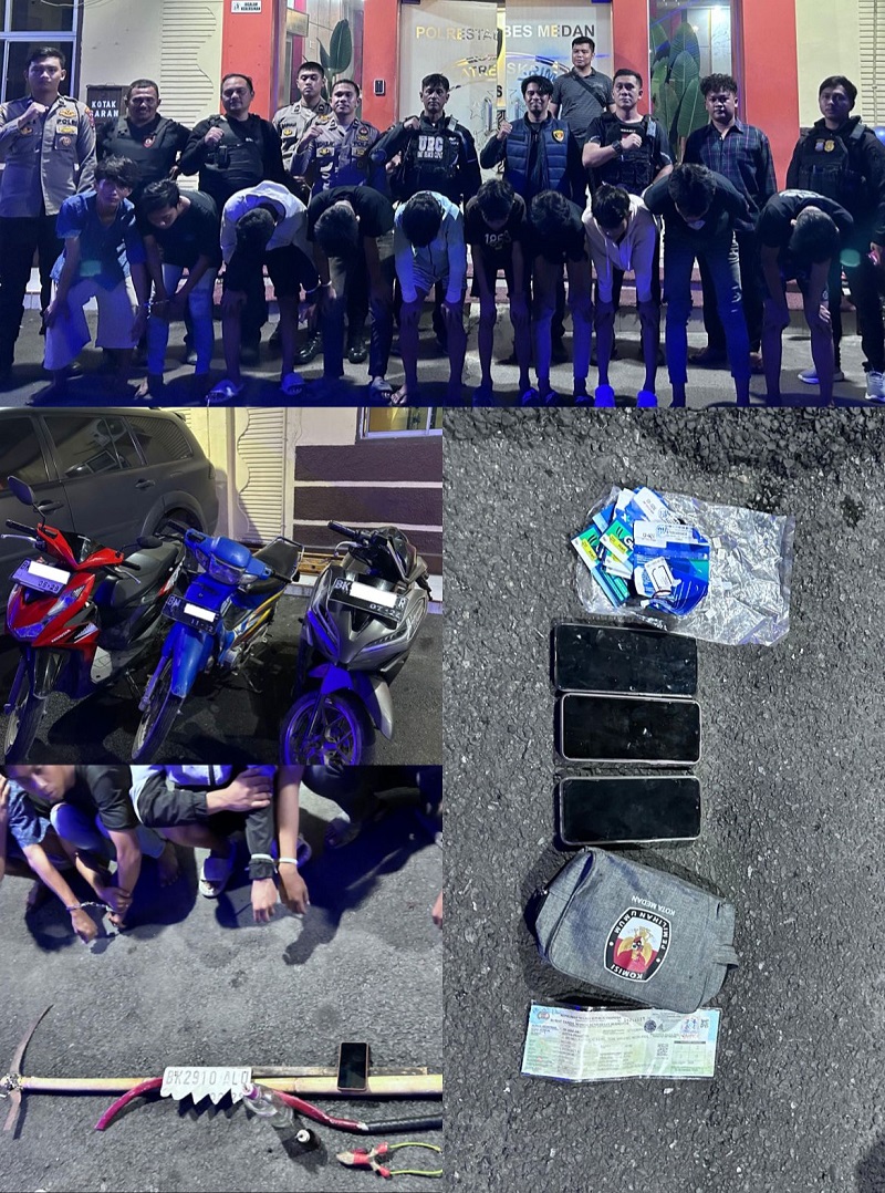 DIAMANKAN: Para pelaku tawuran beserta barang bukti yang berhasil diamankan polisi. Sumut Pos/Dokumen&nbsp;Pribadi