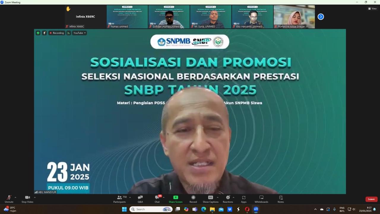 SOSIALISASI: Unimed saat melaksanakan Sosialisasi dan Promosi SNPMB Jalur SNBP dan SNBT 2025 secara daring Zoom Meeting dan live streaming, Senin (3/2). (Dokumen Humas  Unimed)