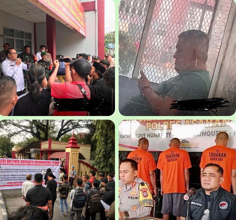 PAPARKAN: Mahasiswa saat berunjuk di Mapoldasu dan Lapas Tanjunggusta Medan soal napi narkoba Tile (pegang HP) dan Polres Asahan memaparkan pengungkapan kartel narkoba napi Tile, kemarin.